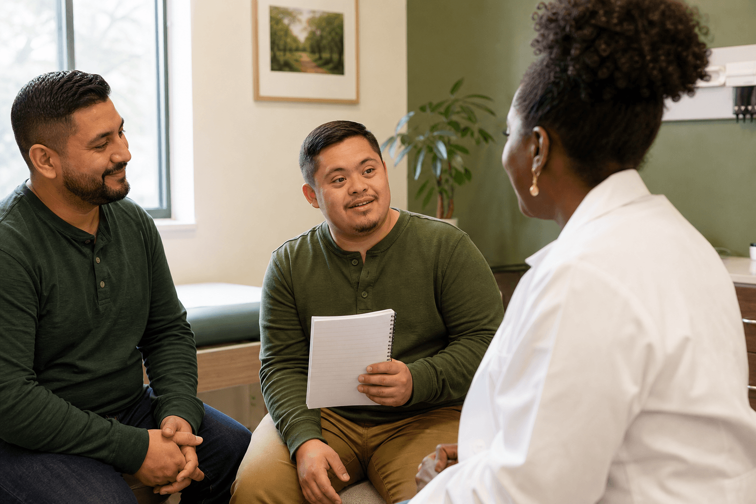 A Latino man with Down syndrome speaks directly with his doctor while holding his prepared questions.