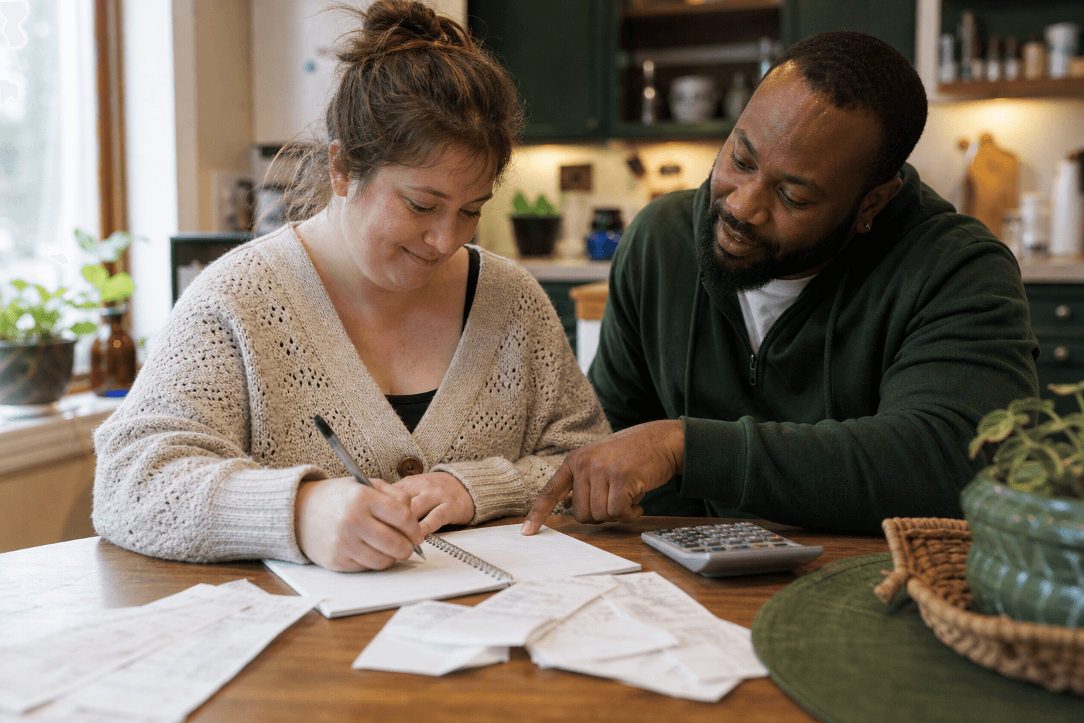 A white woman works through her personal budget while a support professional coaches at the kitchen table.