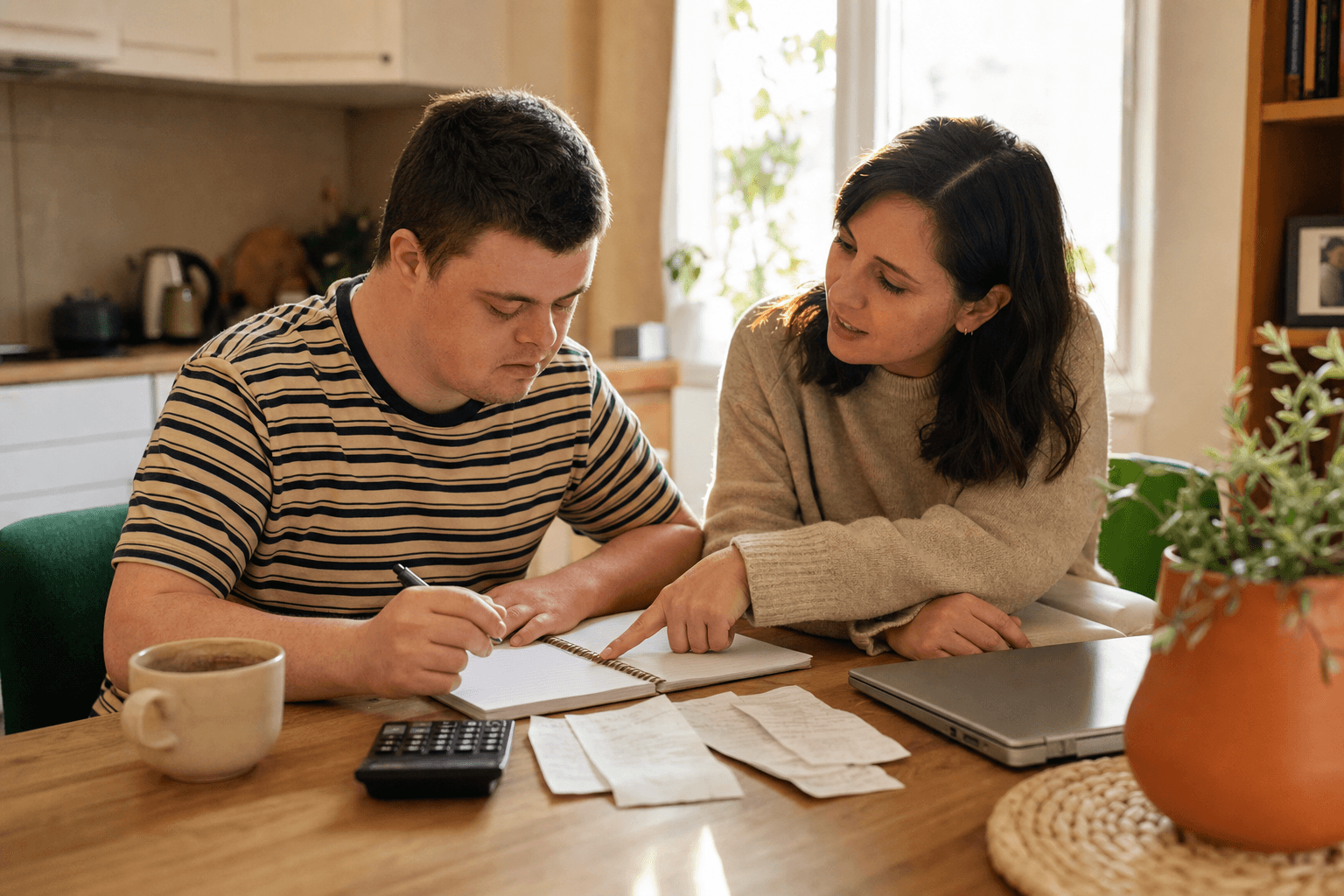 Two people sitting at a kitchen table reviewing a notebook and receipts together, working through a personal budget.