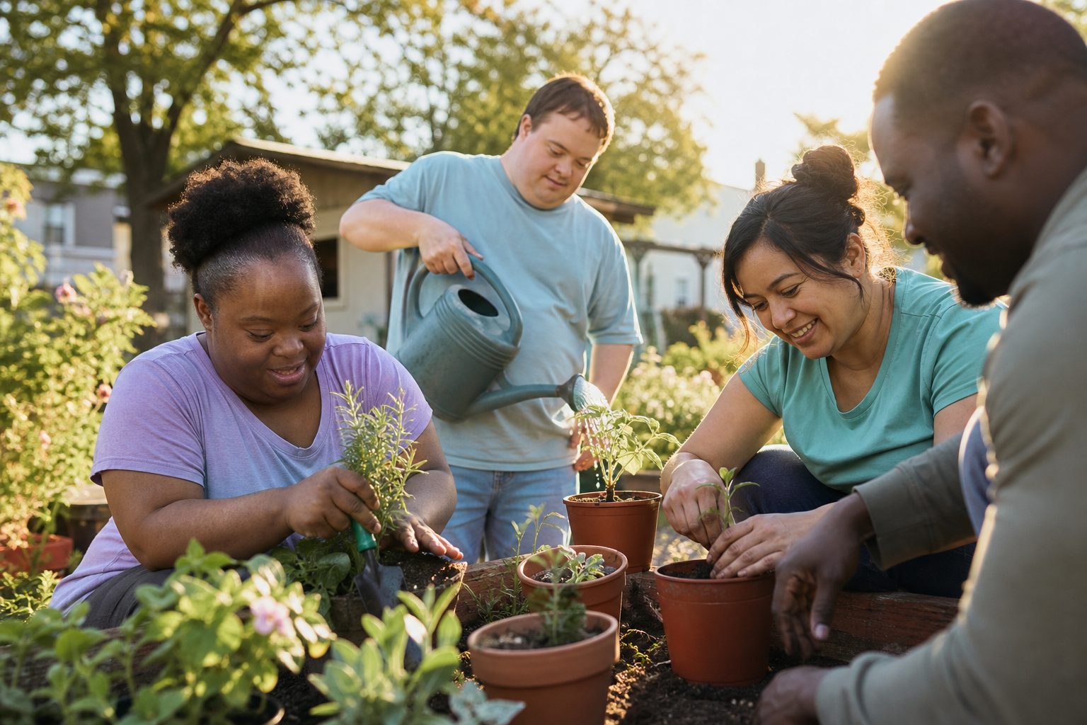 Adults planting a community garden together with support staff