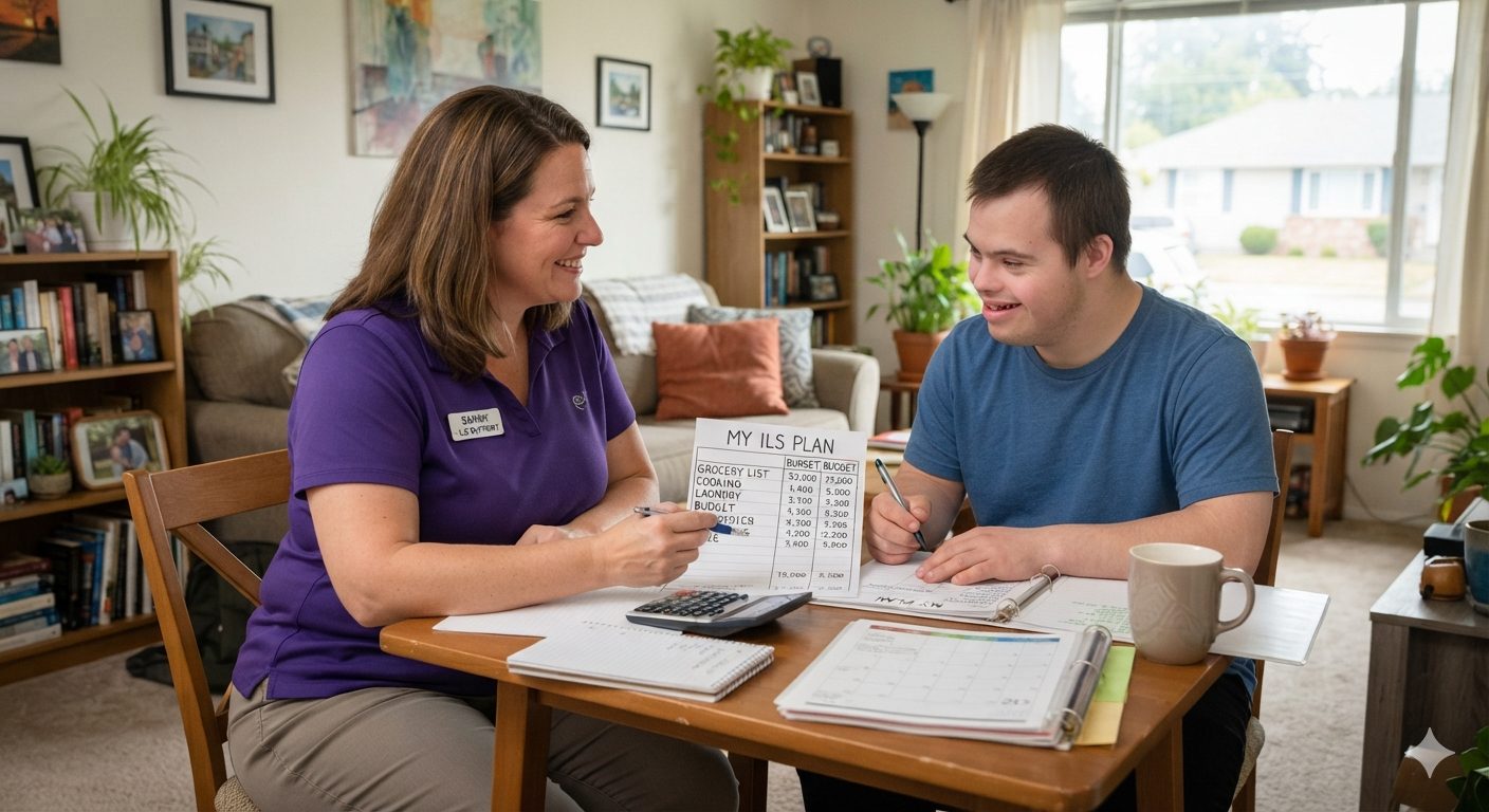 A support professional and a young man review his ILS plan and budget